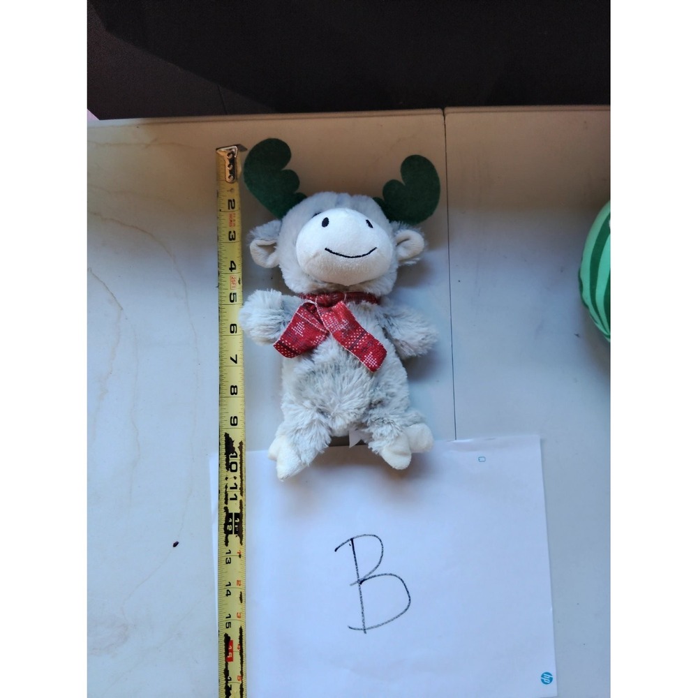 Holiday Moose Stuffed Animal Small Gray Green Felt Antlers Plaid Scarf 9in